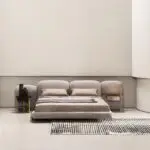 Miraj Beige Contemporary Minimalist style Velvet Upholstered King Size Bed Low Profile - Image 4