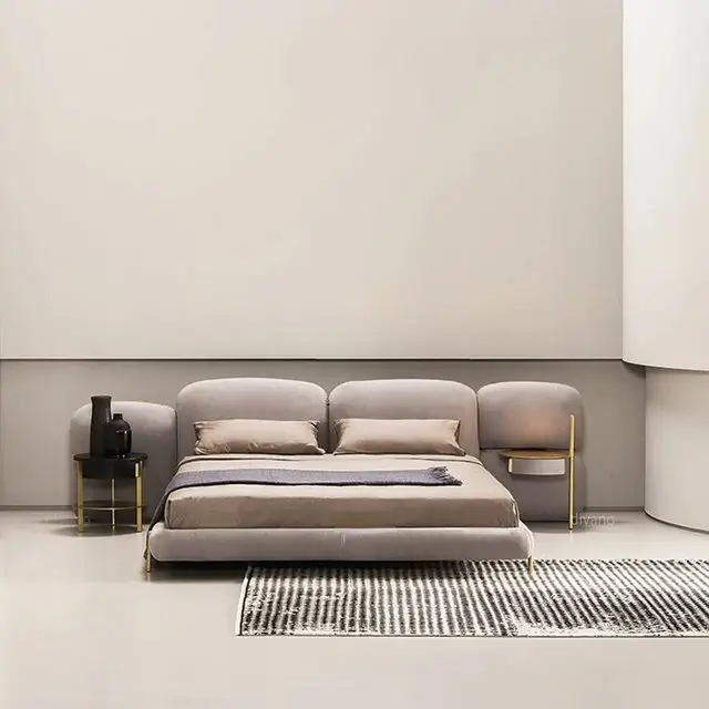 Miraj Beige Contemporary Minimalist style Velvet Upholstered King Size Bed Low Profile - Image 4