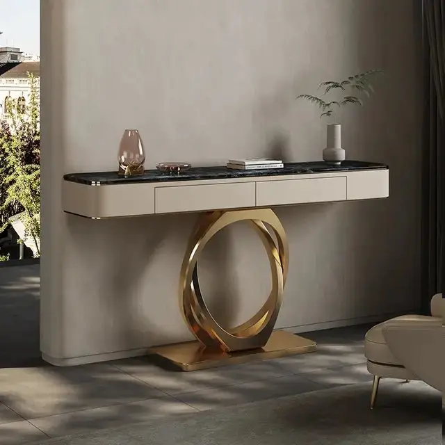 1000112694.jpg Beige and Gold Marble Console Table with French Designer Look - Image 1