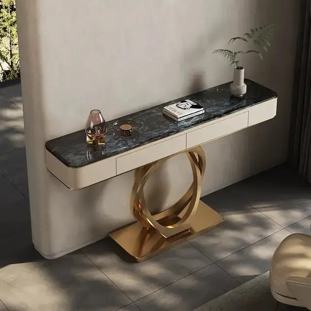 Beige and Gold Marble Console Table with French Designer Look - Image 4