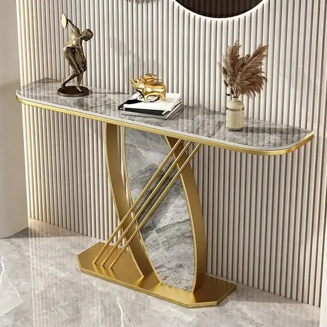 1000119006.jpg Oval Modern Design Console Table - Luxury Marble Top & Stainless Steel Frame - Image 1