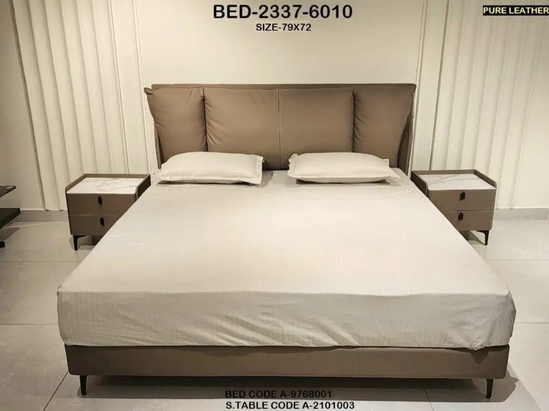 1000124437.jpg ZenLux Beige Contemporary Minimalist King Size Velvet Upholstered Bed with Bedside Tables - Image 1