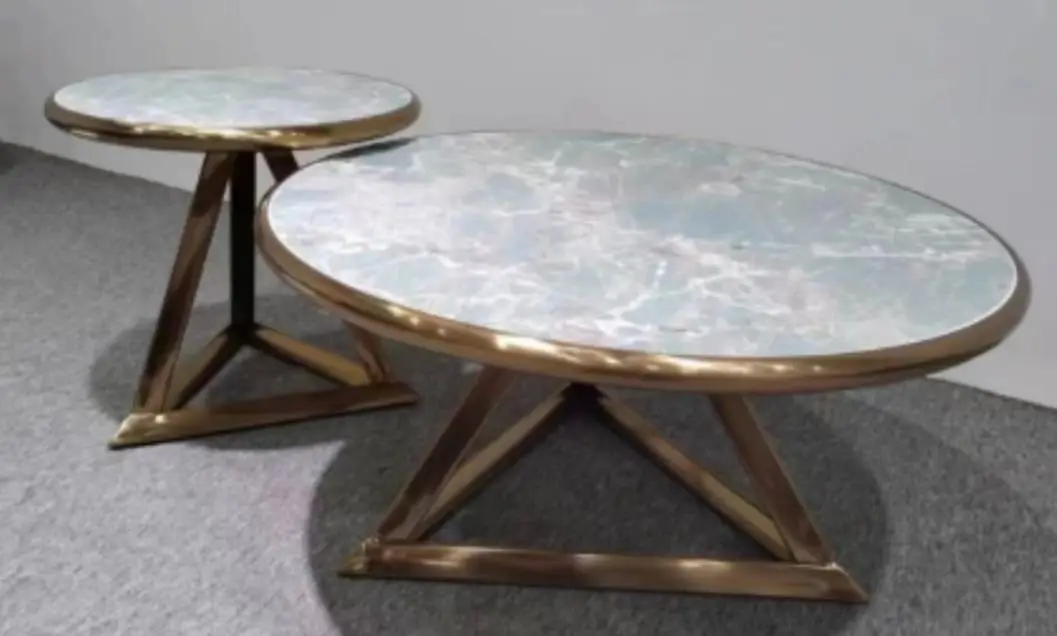 Pair of 2 Coffee Table Stainless Steel Golden Leg +Faux Marble Table Top - Image 1