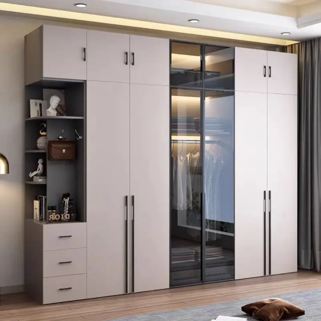 2025/05/1000142053.png DeckUp Plus 4 Door Wardrobe with Drawer and 1 Hanging Space (Grey)4 Door, With Drawer, Without Mirror, 1 Hanging Area, Grey Customizable Wardrobe Stainless Steel Handles High Gloss Shutters and fittings - Image 1