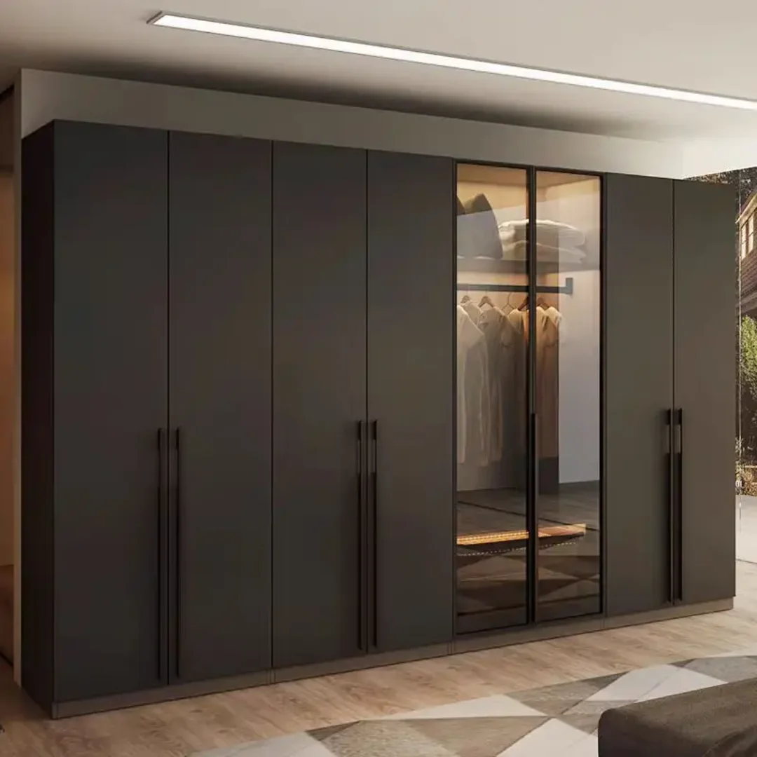 2025/05/1000142065.png Wellspring Plus 4 Door Wardrobe with Drawer and 1 Hanging Space (Grey)4 Door, With Drawer, Without Mirror, 1 Hanging Area, Grey Customizable Wardrobe Stainless Steel Handles High Gloss Shutters and fittings - Image 1