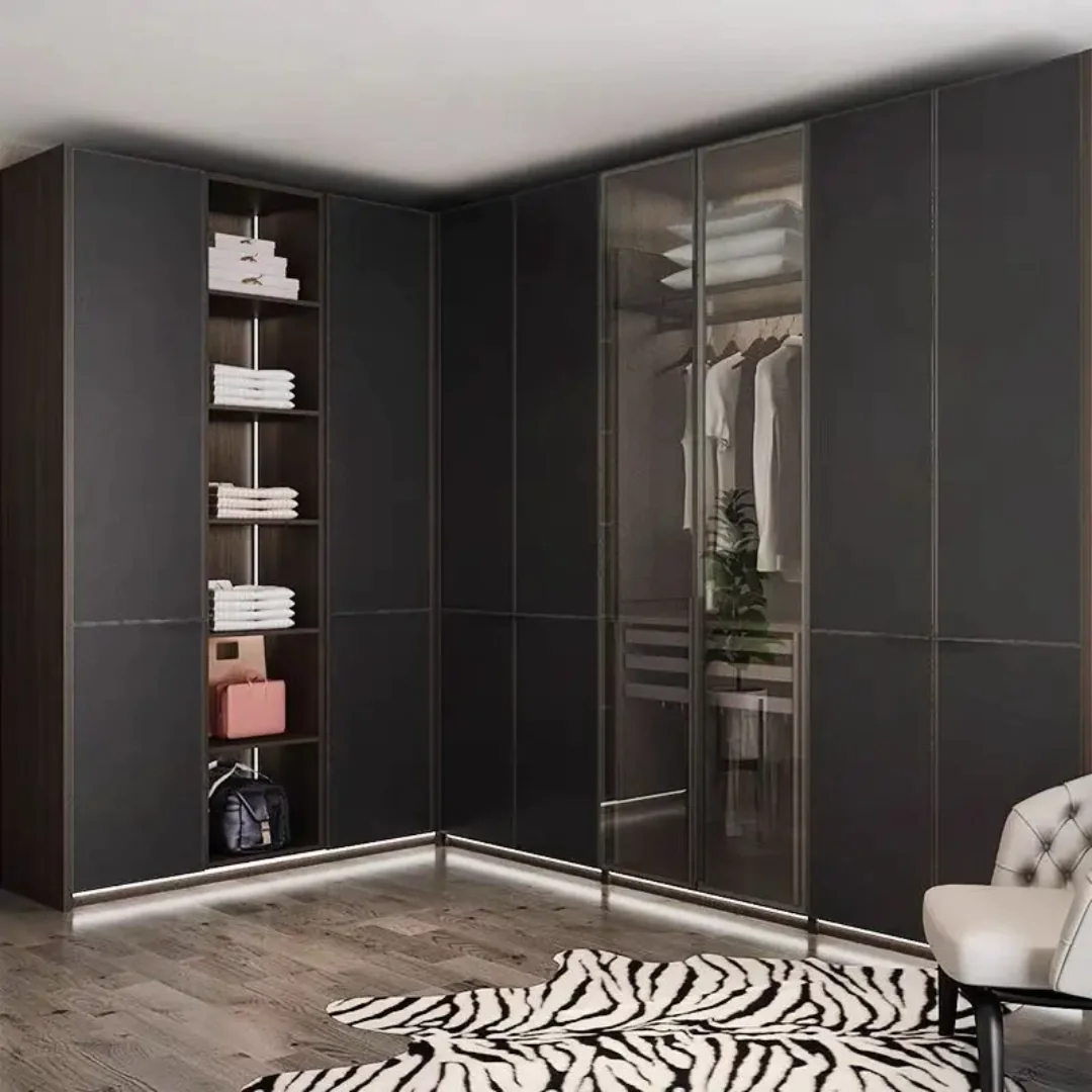 Wellspring Plus 4 Door Wardrobe with Drawer and 1 Hanging Space (Grey)4 Door, With Drawer, Without Mirror, 1 Hanging Area, Grey Customizable Wardrobe Stainless Steel Handles High Gloss Shutters and fittings - Image 3
