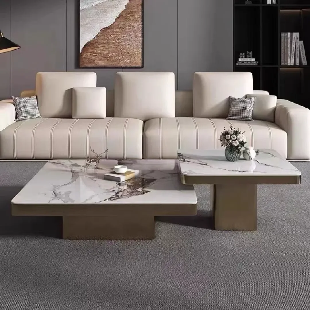 Square Nested Coffee Table - Stainless Steel Gold Base With White Marble Top Crosby Luxe Marble Center Table Set - Image 1
