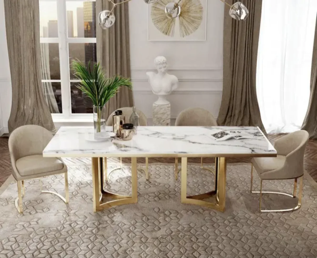 Rolex Dining Table Stainless Steel Golden Leg + Natural Marble Top Table (white) - Image 5