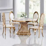 Round Dining Table Maximalist Living Room White Steel With Faux Marble Table Top | Dining Table - Image 4