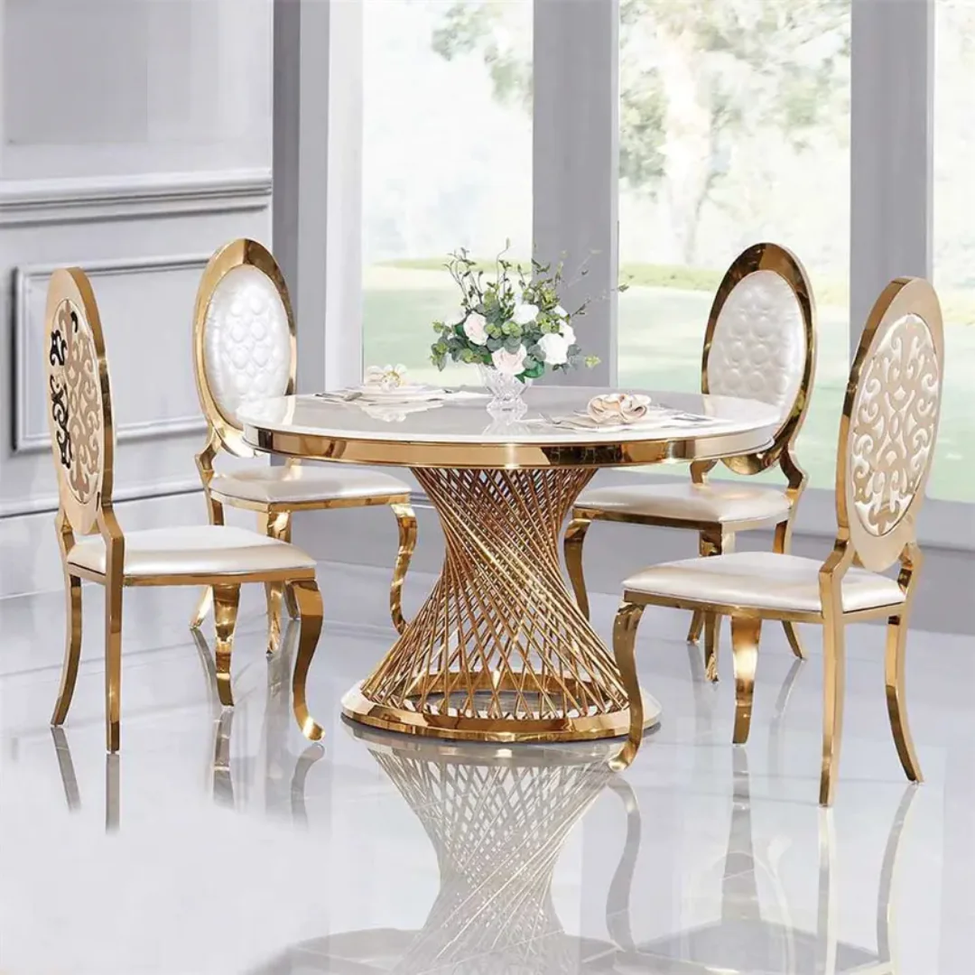 Round Dining Table Maximalist Living Room White Steel With Faux Marble Table Top | Dining Table - Image 4