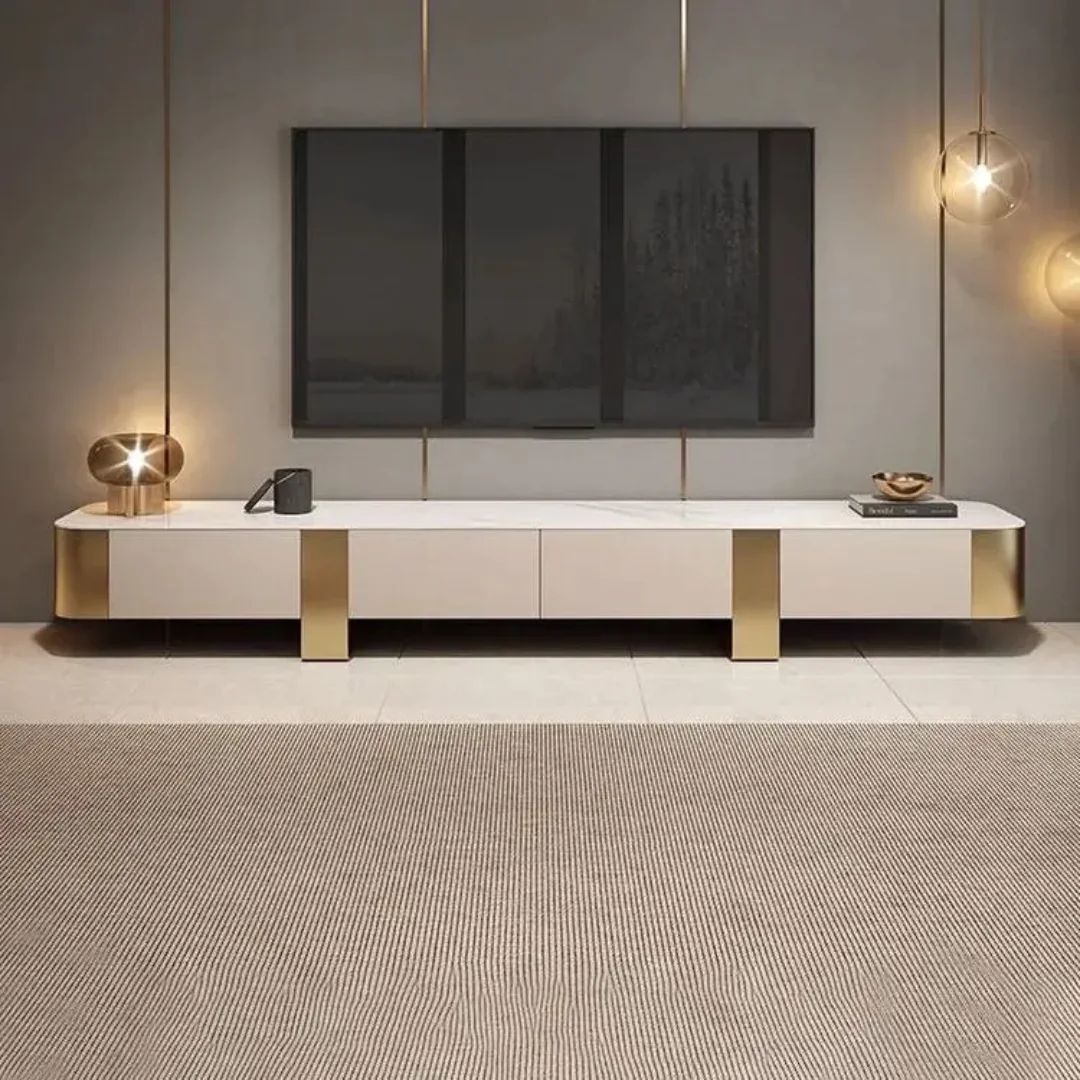 Metro TV Cabinet Stainless Steel marble Table top + wooden table - Image 2
