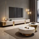 Metro TV Cabinet Stainless Steel marble Table top + wooden table