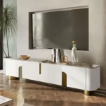 Rio TV Unit White Cabinet Gold Leg and Faux Marble Top - Image 3