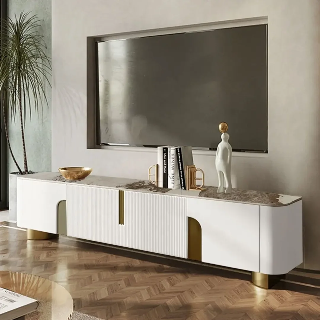 Rio TV Unit White Cabinet Gold Leg and Faux Marble Top - Image 3