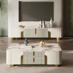 Rio TV Unit White Cabinet Gold Leg and Faux Marble Top - Image 4