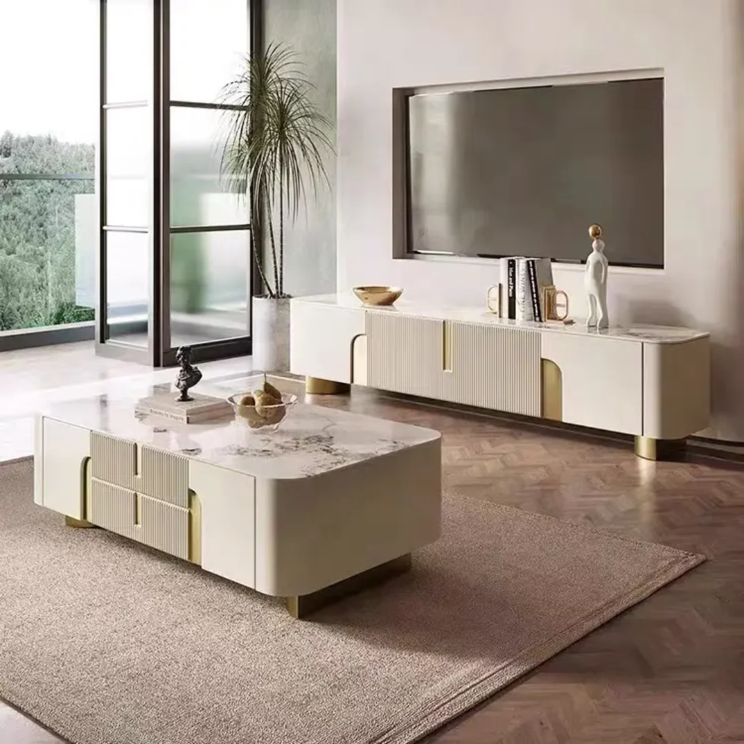 Rio TV Unit White Cabinet Gold Leg and Faux Marble Top - Image 5