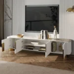 Rio TV Unit White Cabinet Gold Leg and Faux Marble Top - Image 6