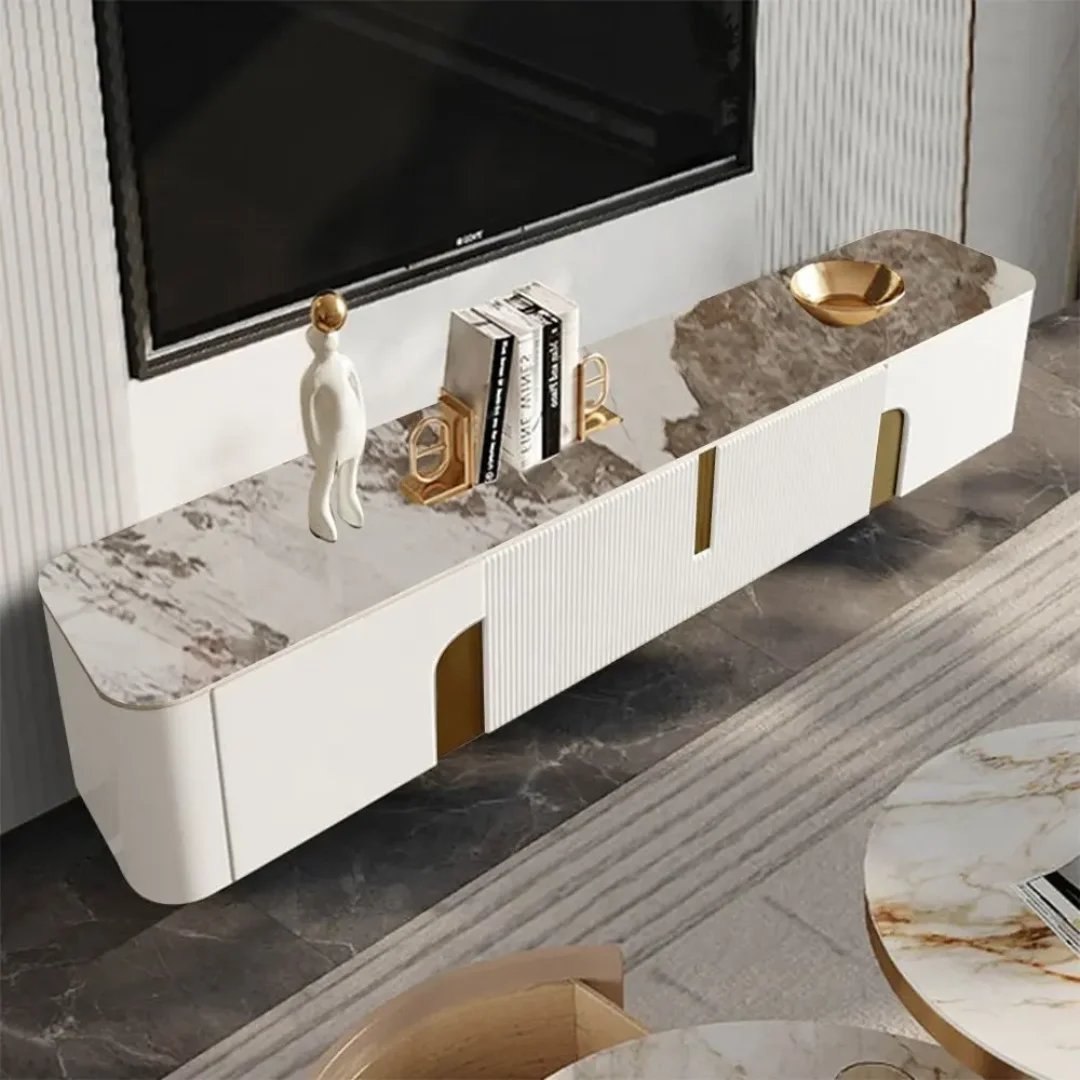 Rio TV Unit White Cabinet Gold Leg and Faux Marble Top - Image 2