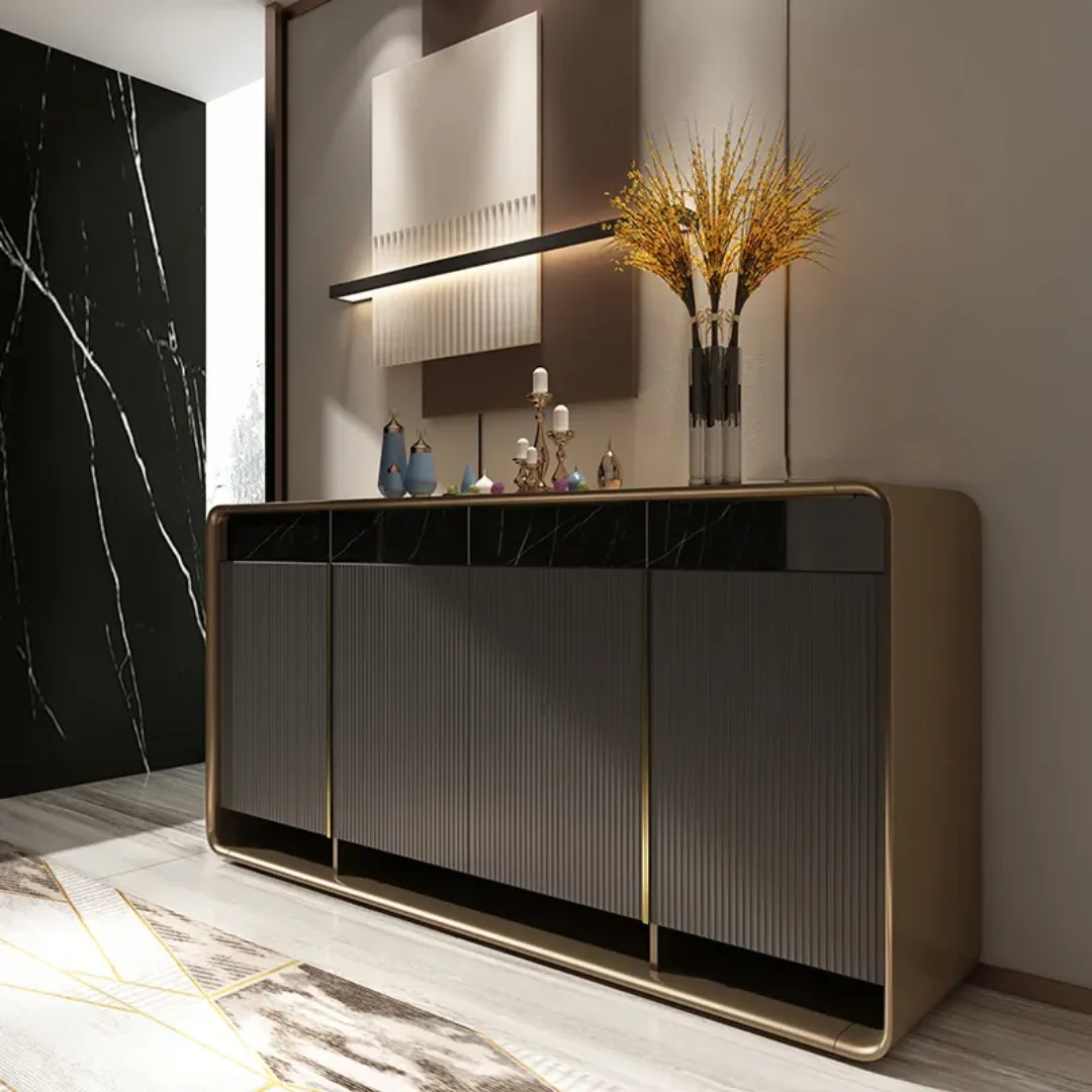 Brown Gold Marble Console Table Narrow Rectangular Entryway Table 4 door cabinets - Image 7