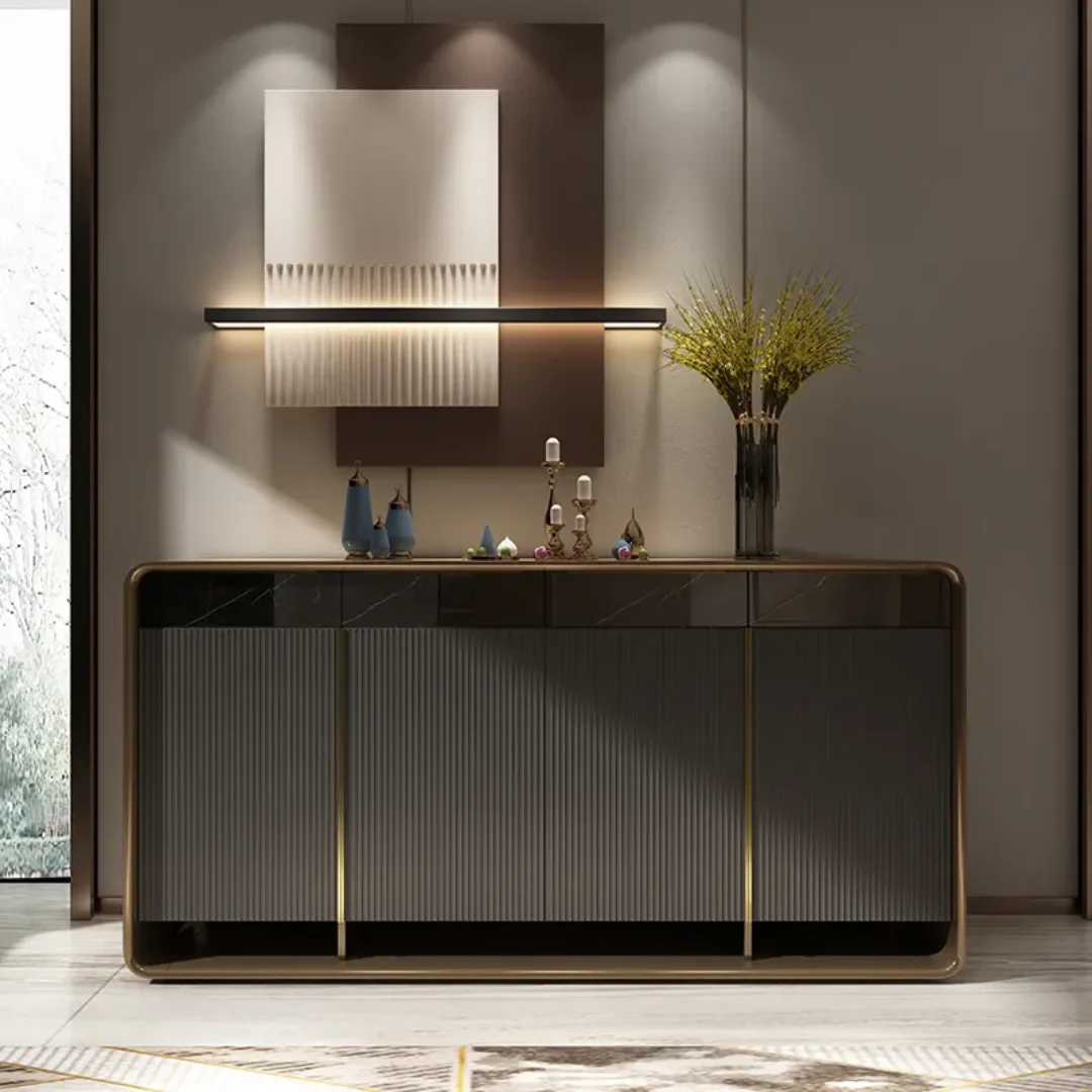 Brown Gold Marble Console Table Narrow Rectangular Entryway Table 4 door cabinets - Image 6