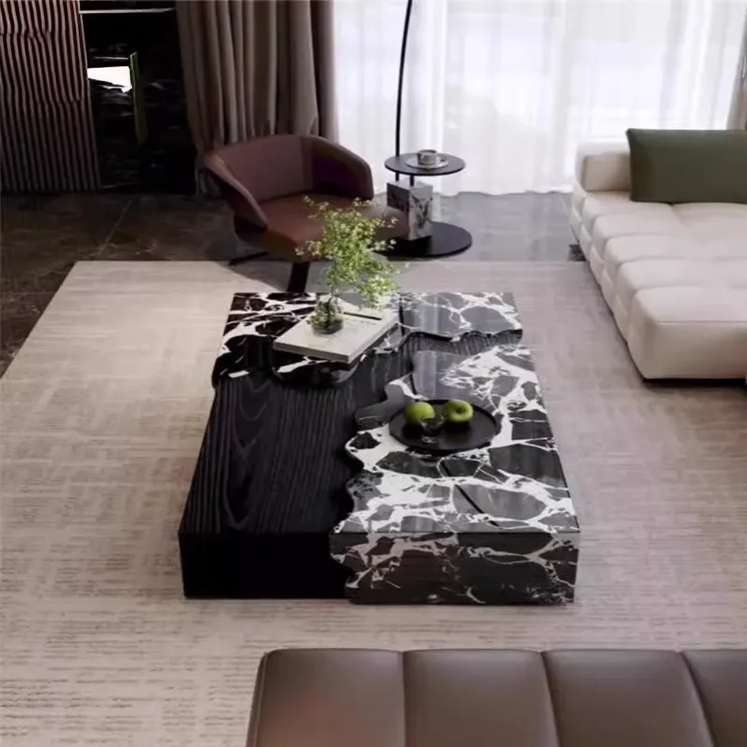Iota Modern Rectangular Coffee Table | White & Black Marble Finish - Image 3
