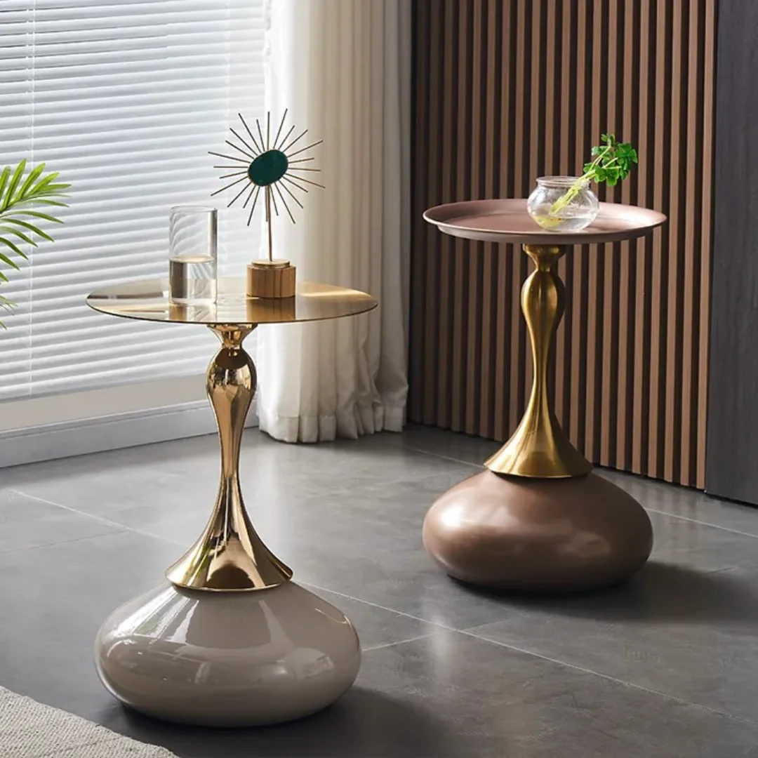 Modern Hourglass End Table – Gray & Gold | Sintered Stone & Stainless Steel - Image 9
