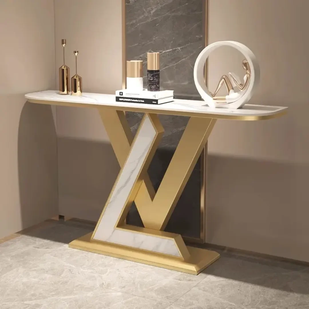 Luxury LV Modern Gold Metal Legs Marble Tabletop Console Table - Image 1