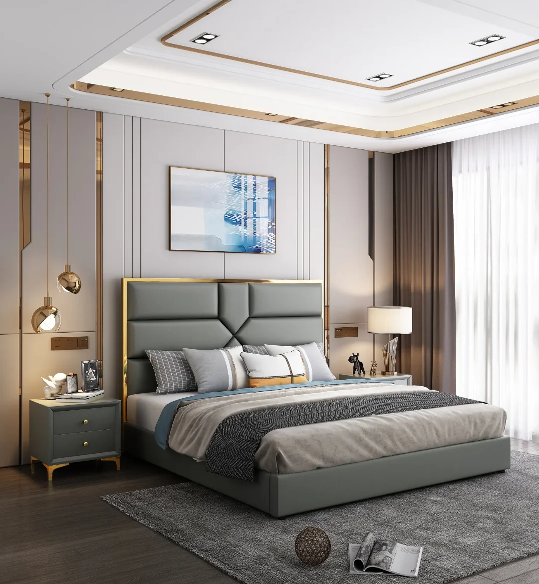Modern Design High quality Engineered wood Bedroom Furniture light luxury King bed - Image 4