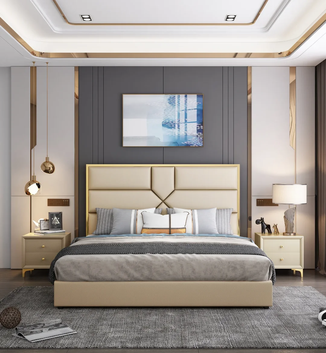 Modern Design High quality Engineered wood Bedroom Furniture light luxury King bed - Image 2