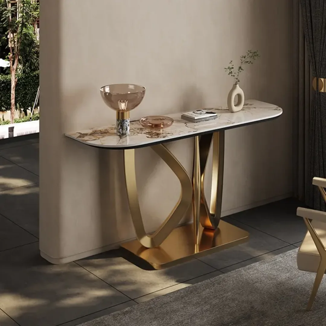 Modern Luxury Living Room Entry Table Rose Gold Nordic Stainless Steel Base Marble Console Table - Image 2