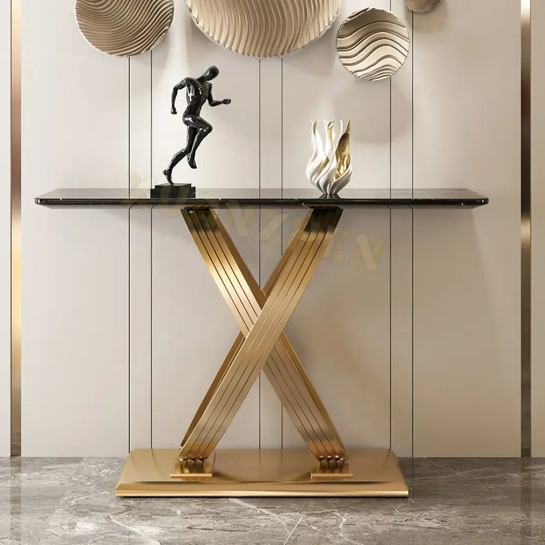White Console Table Narrow Rectangular Marble Top Entryway Table - Image 4