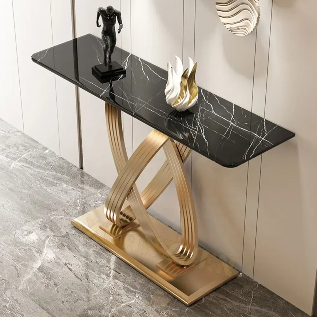 White Console Table Narrow Rectangular Marble Top Entryway Table - Image 2