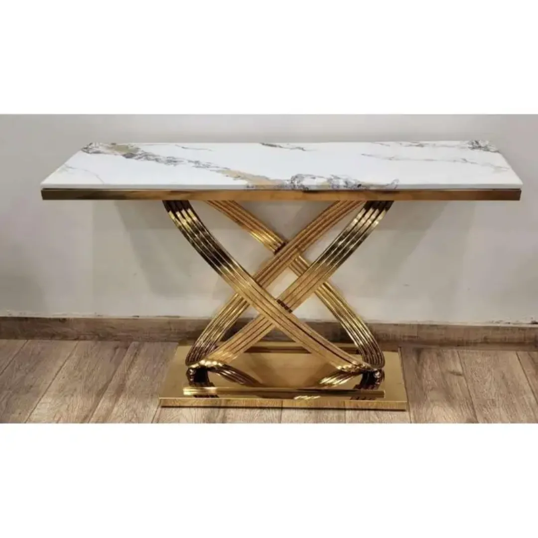 White Console Table Narrow Rectangular Marble Top Entryway Table - Image 5
