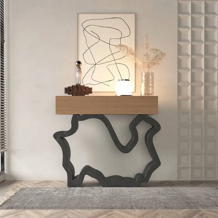 2025/05/1000161546.jpg Razzmatazz Entry Table Foyer Hallway Table Italy Sitting Room Veneer Mild Steel Base Console Table - Image 1