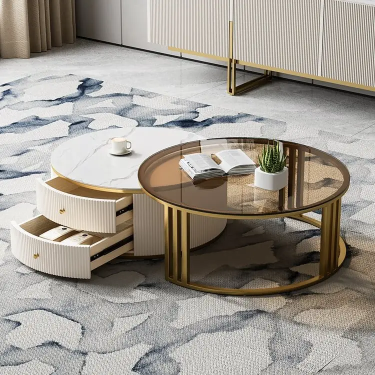 2025/05/1000161924.jpg Colonel Modern Rotating Nesting Coffee Table Set – Gold & Glass Elegance - Image 1