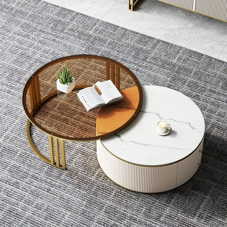 Colonel Modern Rotating Nesting Coffee Table Set – Gold & Glass Elegance - Image 2