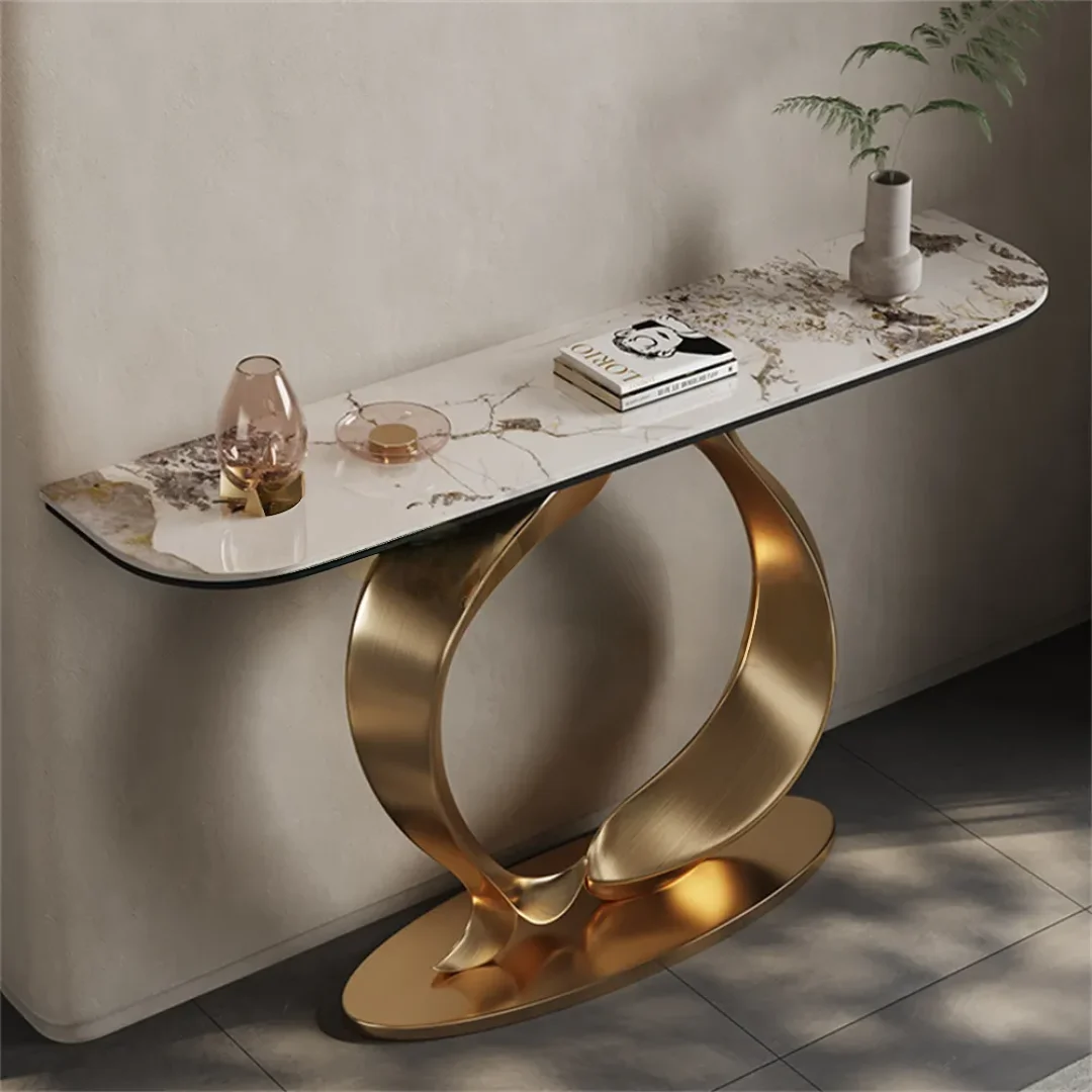 Luxury Modern Rectangular Console Table with Stainless Steel Frame and Marble Top - Image 1