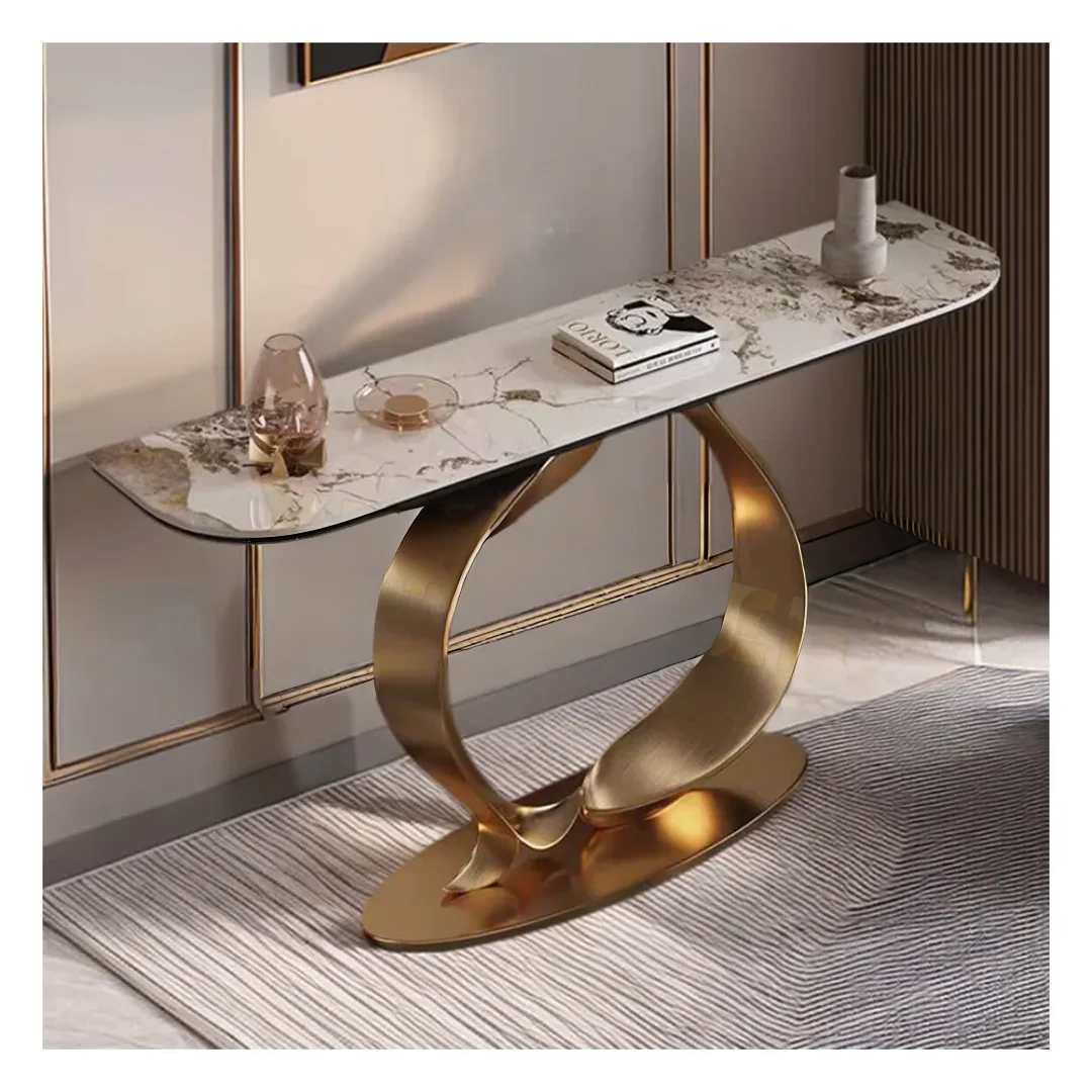 Luxury Modern Rectangular Console Table with Stainless Steel Frame and Marble Top - Image 3