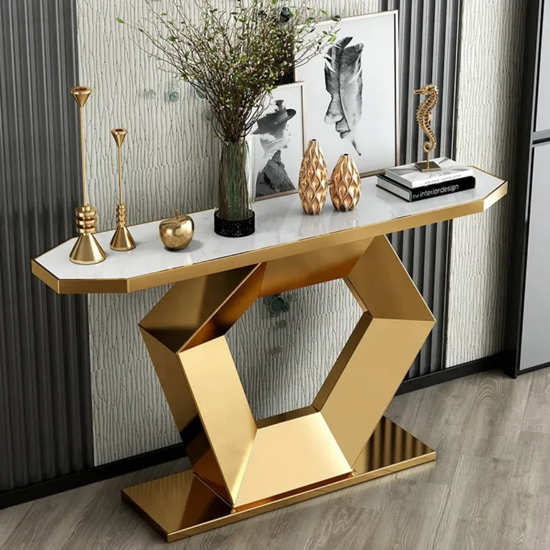 Ulsta Narrow Console Table with Geometric Gold Metal Base - Image 6