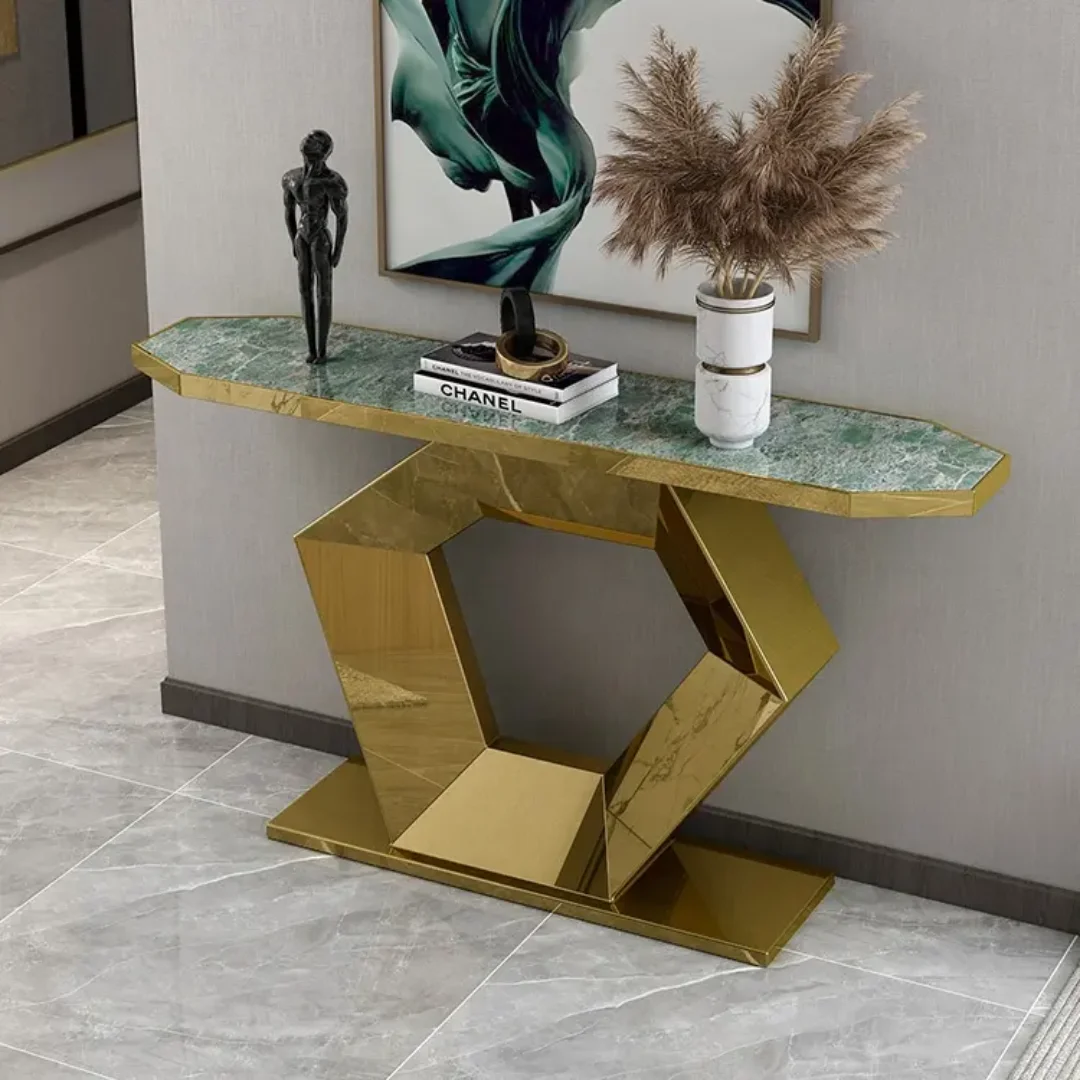 Ulsta Narrow Console Table with Geometric Gold Metal Base - Image 5