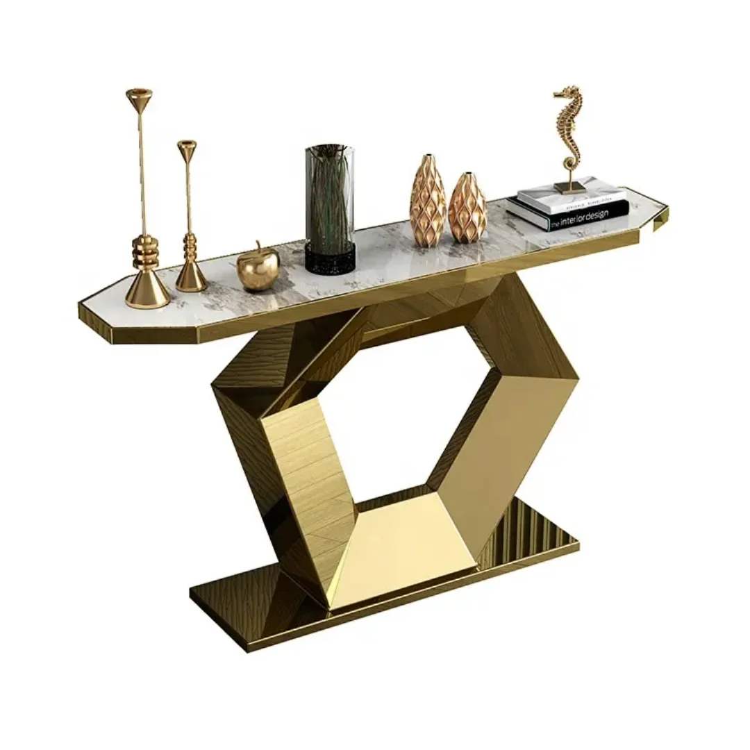 Ulsta Narrow Console Table with Geometric Gold Metal Base - Image 4