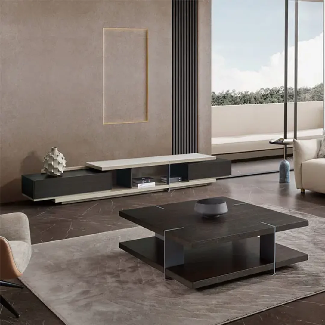 CYD Contemporary Walnut Square Coffee Table – Stainless Steel Frame - Image 3
