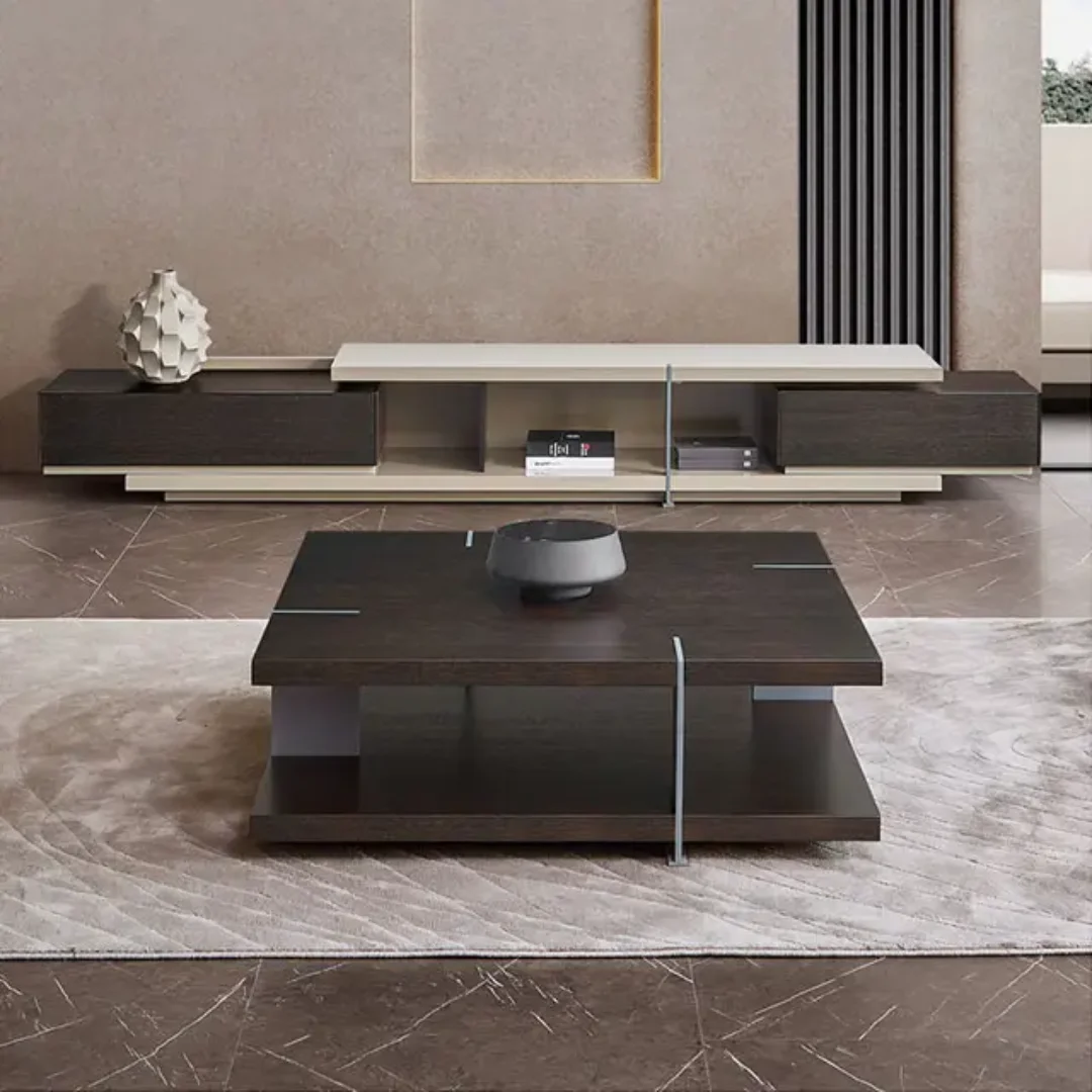 CYD Contemporary Walnut Square Coffee Table – Stainless Steel Frame - Image 4