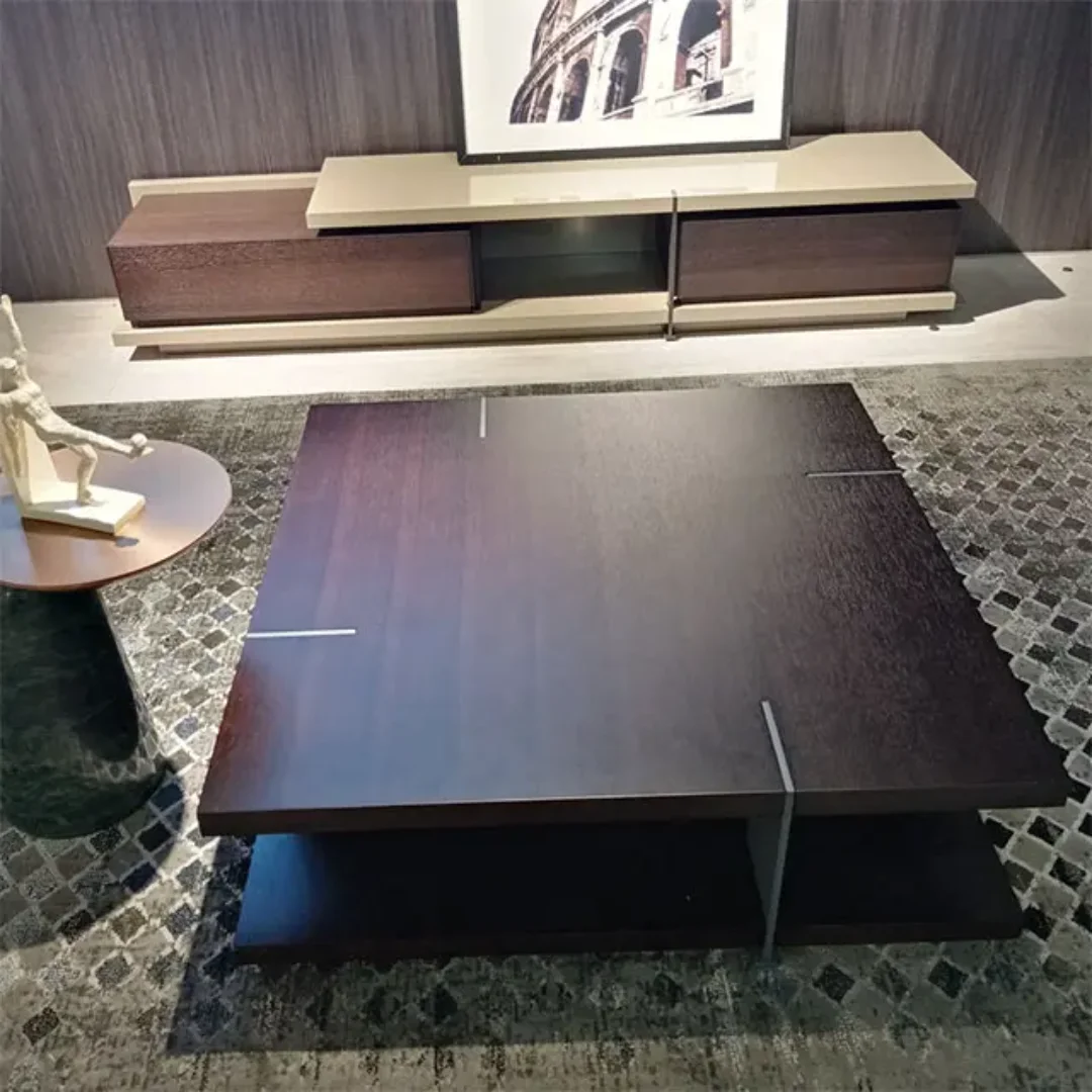 CYD Contemporary Walnut Square Coffee Table – Stainless Steel Frame - Image 6