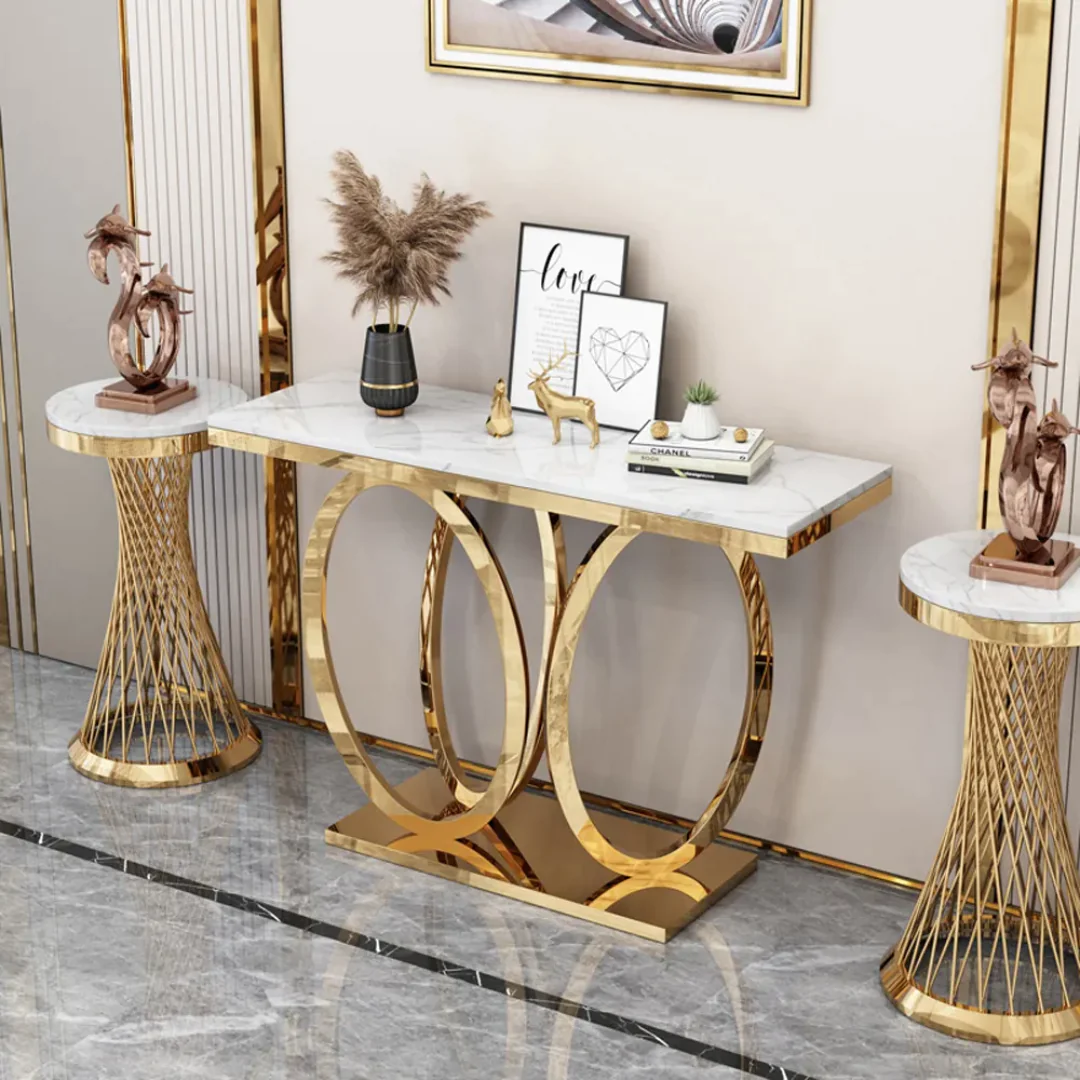 Ovaltz Console Table with Stainless Steel Legs and White Faux Marble Top - Image 2