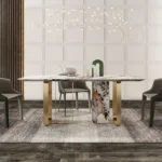 Angus Dining Table Stainless Steel Golden Leg + Natural Marble Top Table - Image 3