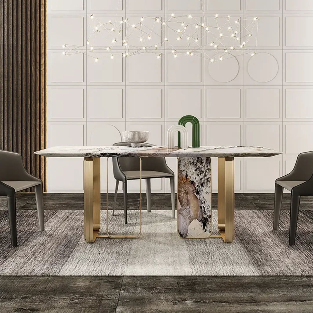 Angus Dining Table Stainless Steel Golden Leg + Natural Marble Top Table - Image 3