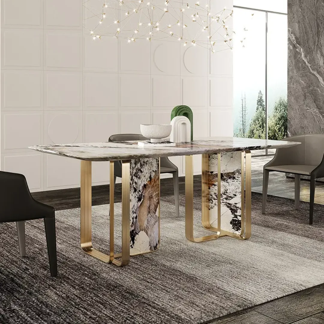 Angus Dining Table Stainless Steel Golden Leg + Natural Marble Top Table - Image 4