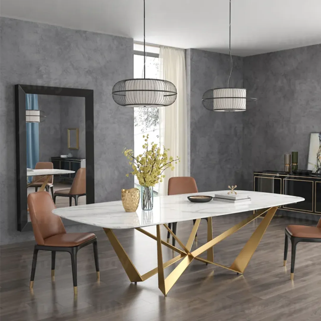 D2D Dining Table Stainless Steel Golden Leg + Natural Marble Top Table - Image 2