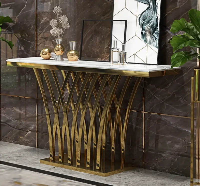 Luxury Modern Gold Metal Legs Console Table Home Furniture Hallway Marble Tabletop - Image 2